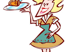 Waitress cartoon used on menu and signage.